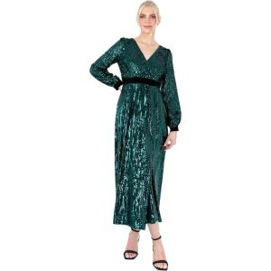 Lovedrobe Women&rsquo;s Midaxi Dress Ladies Sequin Embellished Long Sleeve V-Neck Faux Wrap Velvet Bow Split for Party Evening Occasion Robe Femme(Vert)