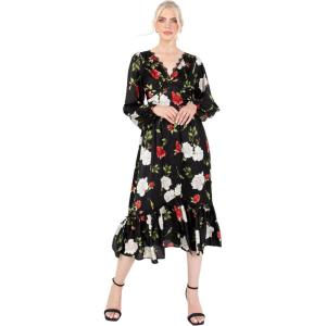 Lovedrobe Women&rsquo;s Midaxi Dress Ladies V Neck Long Sleeve Floral Ruffle Frilly Lace Trim Empire A-Line Open Back for Wedding Guest Robe Femme (Lot de 1)(Noir)