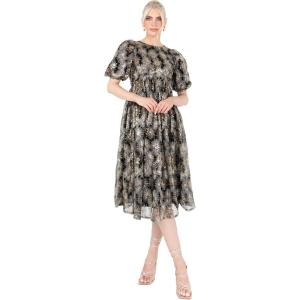 Lovedrobe Women&rsquo;s Midi Dress Ladies Short Puff Sleeve Mesh Star Sequin Embellished Round Neck A-Line for Party Cocktail Evening Robe Femme(Or)