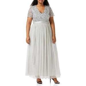 Maya Deluxe Robe Longue pour Femme-Col en V-Manches Courtes-Élégante-Taille Empire-Mariage(Gris Clair)