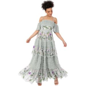 Maya Deluxe Women&rsquo;s Ladies Maxi Dress Off-The-Shoulder Bardot Spaghetti Strap Floral Embroidered Tiered Ruffle Tulle Wedding Guest Femme(Green Lily)