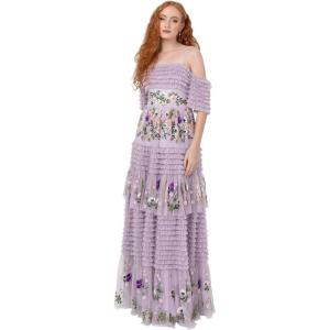 Maya Deluxe Women&rsquo;s Ladies Maxi Dress Off-The-Shoulder Bardot Spaghetti Strap Floral Embroidered Tiered Ruffle Tulle Wedding Guest Femme(Lilas)