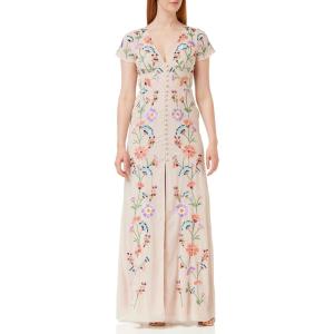 Maya Deluxe Womens Maxi Dress Ladies Embroidered Button Front Split Tea Dess for Wedding Guest Bridesmaid Evening Prom Occasion Robe Femme(Multicolore)
