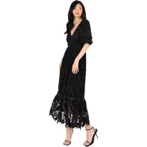 Maya Deluxe Women&rsquo;s Midaxi Dress V Neckline Puff Sleeve Lace A-Line for Wedding Guest Bridesmaid Cocktail Prom Evening Occasion(Noir)