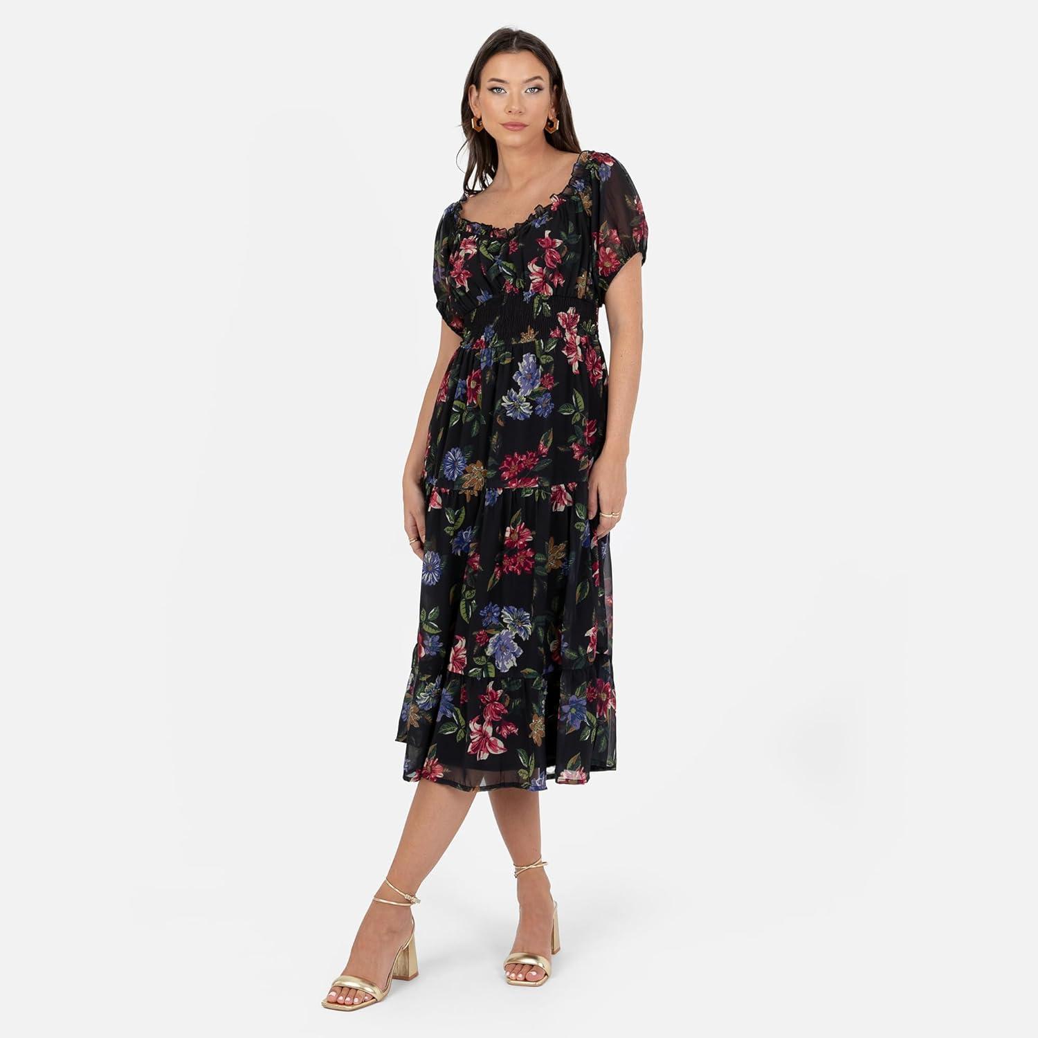 imageLovedrobe Womens Midi Dress Ladies Sweetheart Neck Short Puff Sleeve Frilly Ruffle Detail Floral Print ALine Smart Casual Noir 42