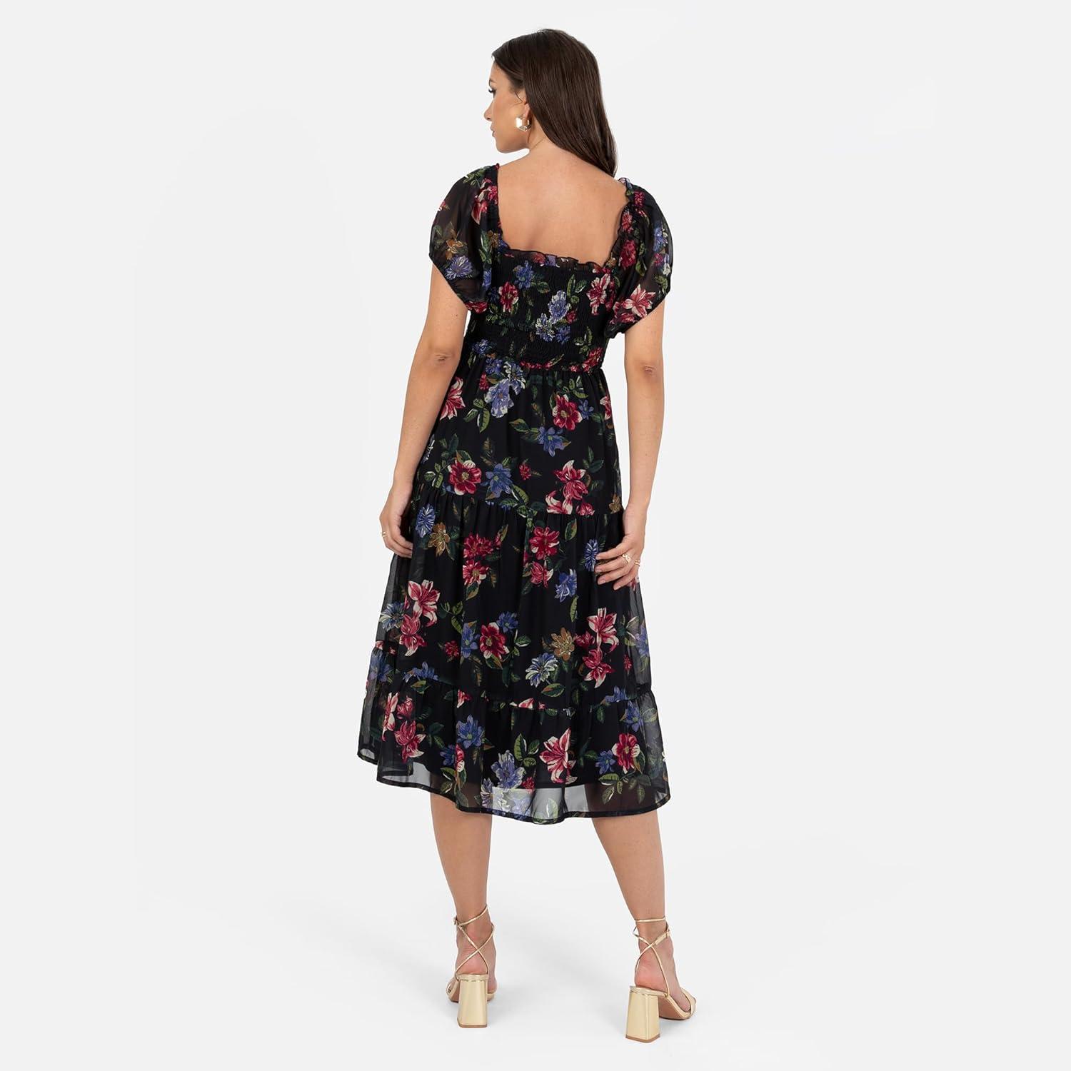 imageLovedrobe Womens Midi Dress Ladies Sweetheart Neck Short Puff Sleeve Frilly Ruffle Detail Floral Print ALine Smart Casual Noir 42