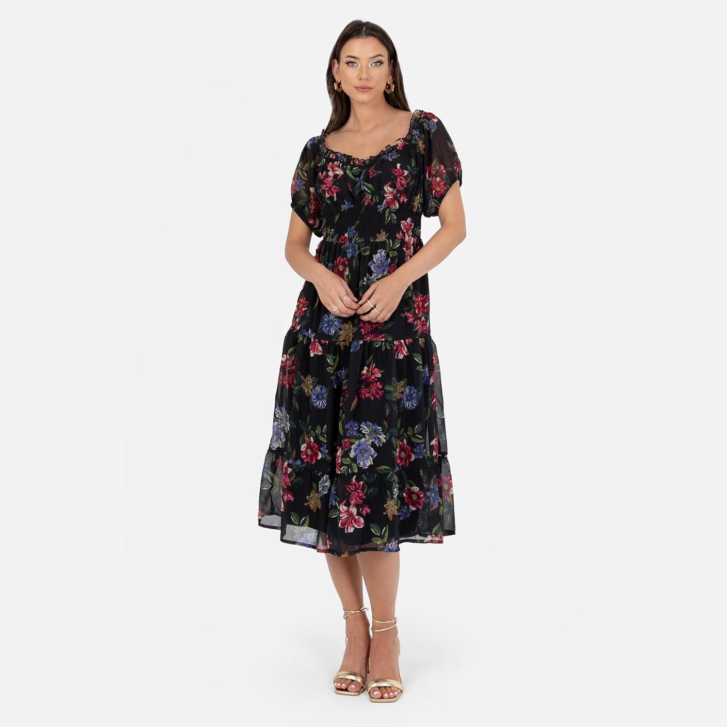imageLovedrobe Womens Midi Dress Ladies Sweetheart Neck Short Puff Sleeve Frilly Ruffle Detail Floral Print ALine Smart Casual Noir 42