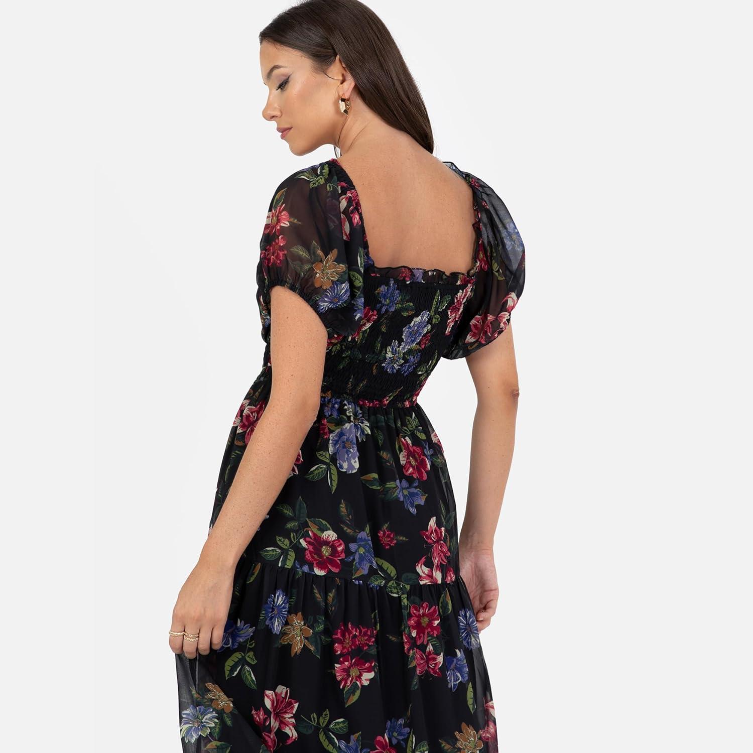 imageLovedrobe Womens Midi Dress Ladies Sweetheart Neck Short Puff Sleeve Frilly Ruffle Detail Floral Print ALine Smart Casual Noir 42