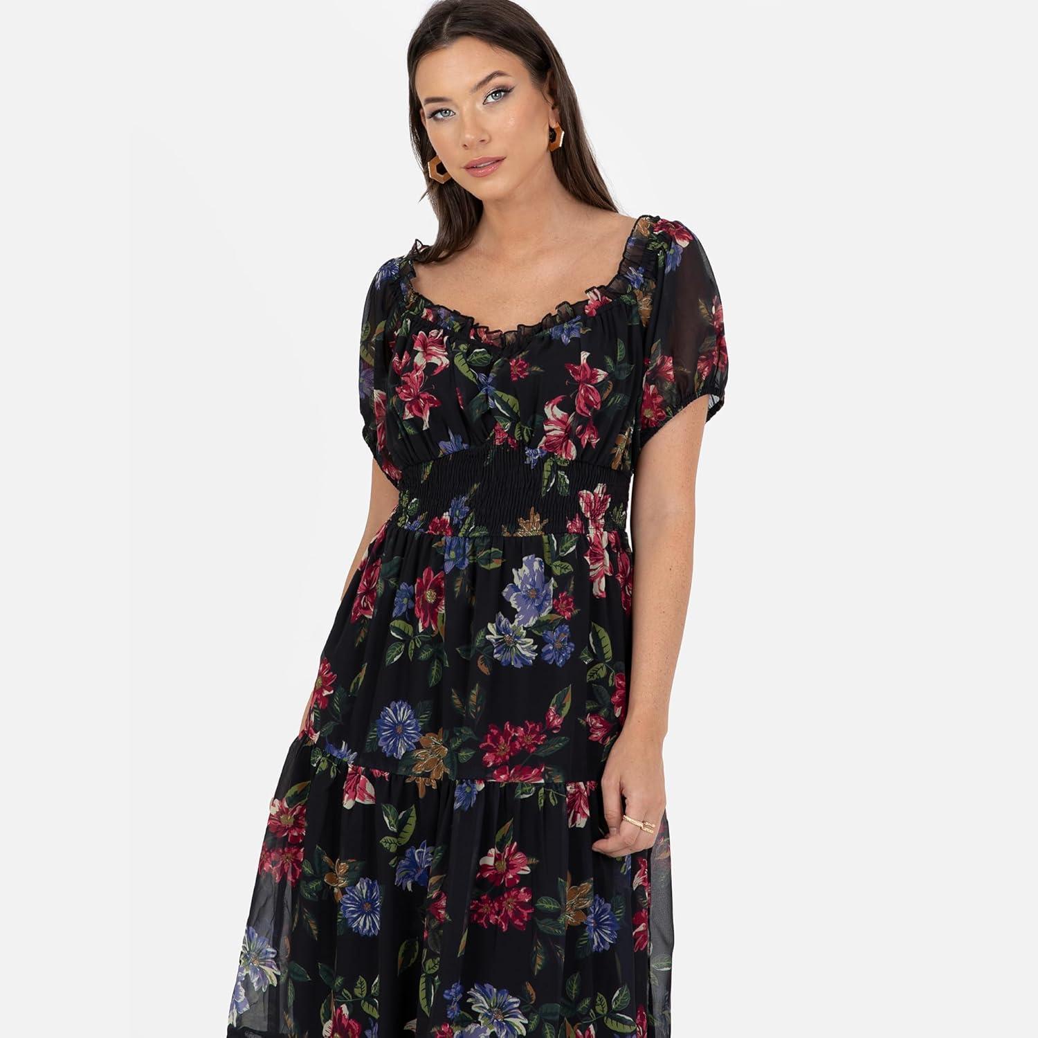 imageLovedrobe Womens Midi Dress Ladies Sweetheart Neck Short Puff Sleeve Frilly Ruffle Detail Floral Print ALine Smart Casual Noir 42