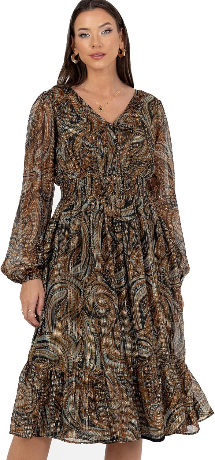 imageLovedrobe Womens Midi Dress Ladies VNeck Long Balloon Sleeve Boho Paisley Floral Print Shirred Waist ALine Smart Casual Robe