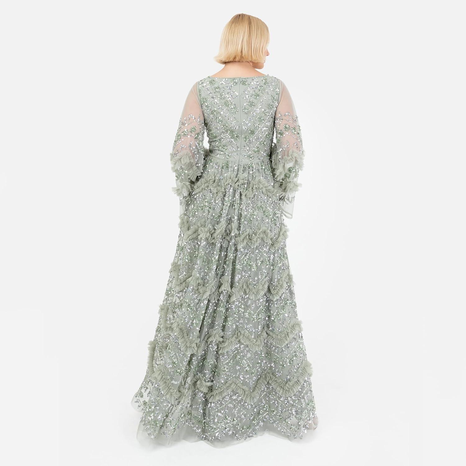 imageMaya Deluxe Ladies Womens Maxi Dress V Neckline Sequin with Ruffle Empire Waist Slit Split for Prom Ball Bridesmaid Wedding Guest Robe FemmeGreen Lily
