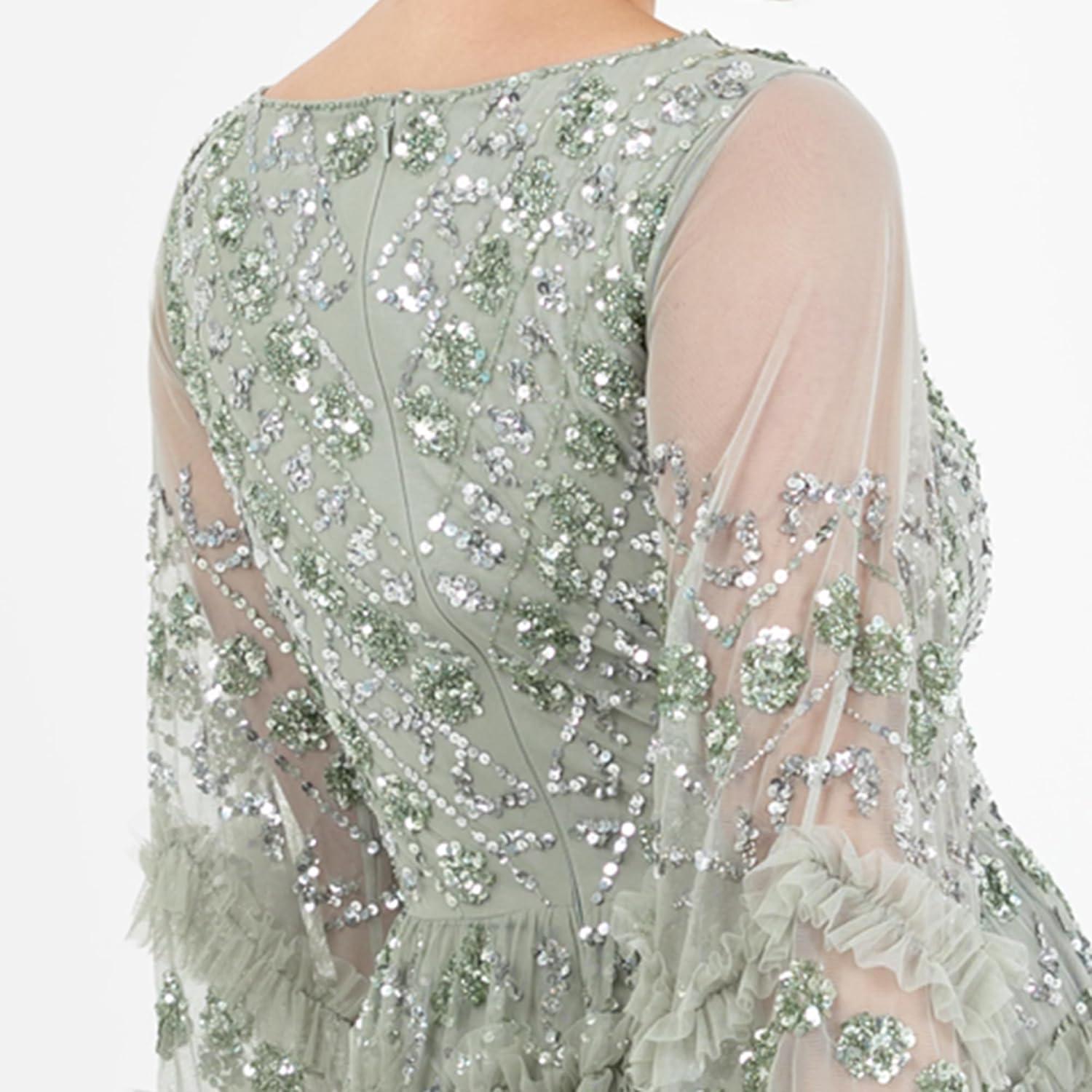 imageMaya Deluxe Ladies Womens Maxi Dress V Neckline Sequin with Ruffle Empire Waist Slit Split for Prom Ball Bridesmaid Wedding Guest Robe FemmeGreen Lily
