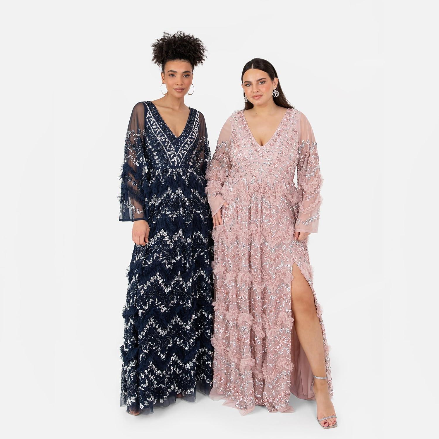 imageMaya Deluxe Ladies Womens Maxi Dress V Neckline Sequin with Ruffle Empire Waist Slit Split for Prom Ball Bridesmaid Wedding Guest Robe FemmeNavy