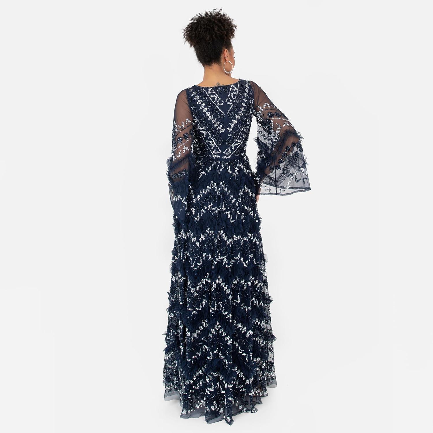 imageMaya Deluxe Ladies Womens Maxi Dress V Neckline Sequin with Ruffle Empire Waist Slit Split for Prom Ball Bridesmaid Wedding Guest Robe FemmeNavy