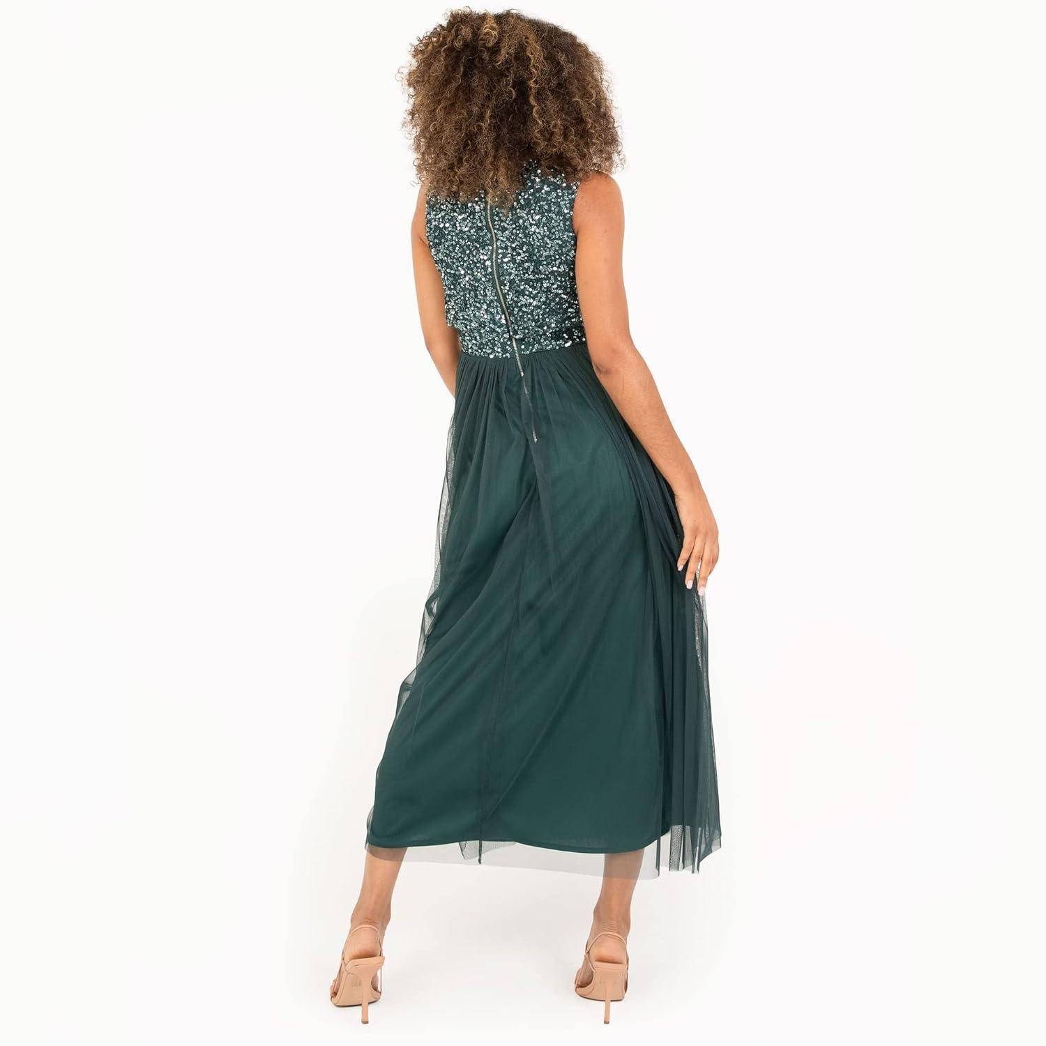 imageMaya Deluxe Midaxi Dress Women Ladies Sleeveless Sequins High Empire Waist Tulle Embellished for Wedding Guest Ball Robe de Demoiselle dhonneur FemmeEmerald Green
