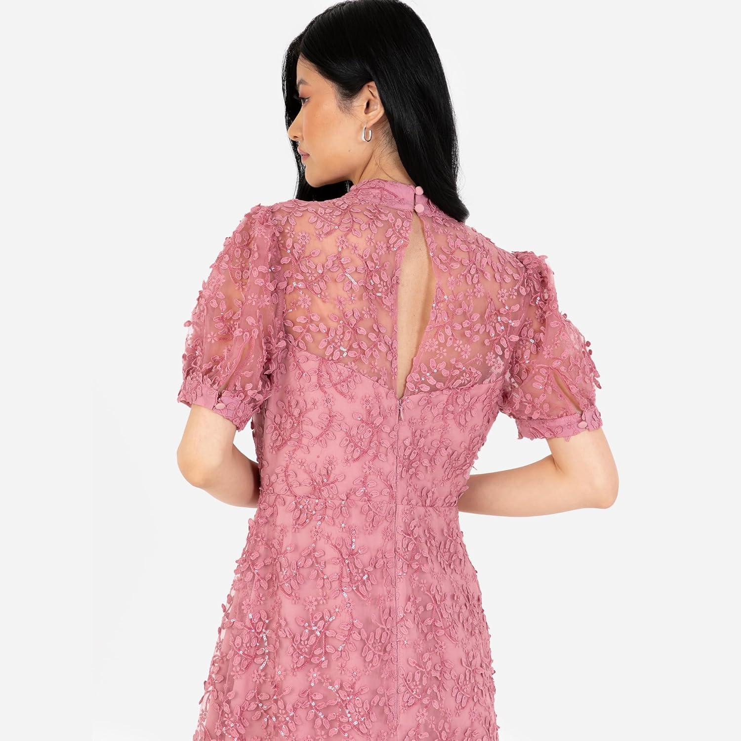 imageMaya Deluxe Womens Embroidered Dress for Ladies Sequin Embellished Midaxi Floral High Neck Wedding Guest Ball Evening Cocktail Robe Femme Pink