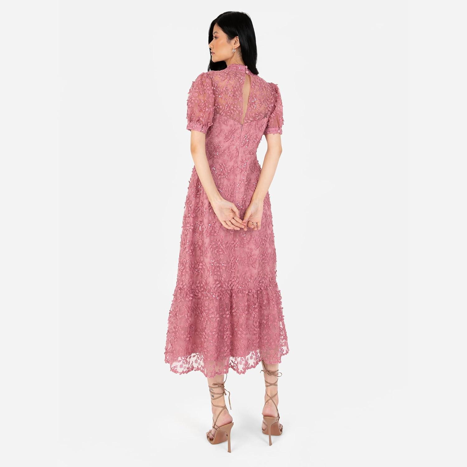 imageMaya Deluxe Womens Embroidered Dress for Ladies Sequin Embellished Midaxi Floral High Neck Wedding Guest Ball Evening Cocktail Robe Femme Pink