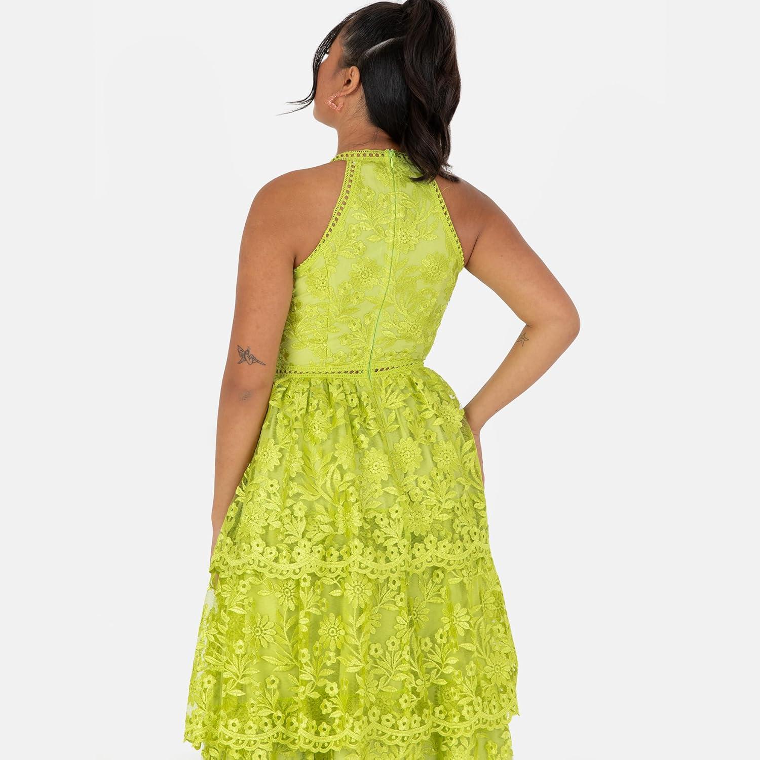 imageMaya Deluxe Womens Ladies Midi Dress Halterneck Sleeveless Tiered Skirt Floral Lace ALine for Wedding Guest Evening Occasion Prom Robe FemmeLime Green