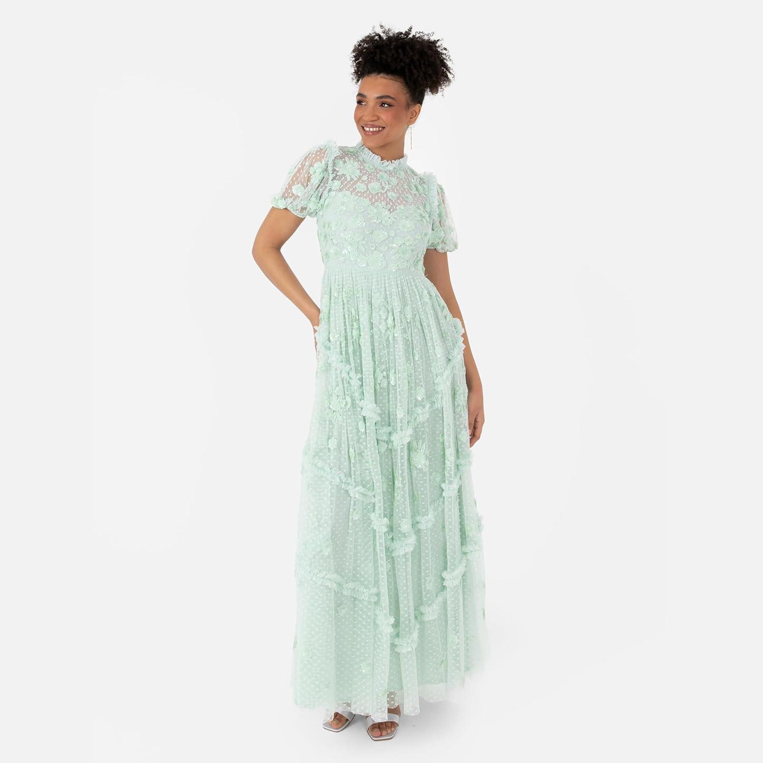 imageMaya Deluxe Womens Maxi Dress Ladies High Neck Puff Sleeve Sequin Embellished Ruffle Tulle Keyhole Back Empire ALine Bridesmaid Robe FemmeMint Green