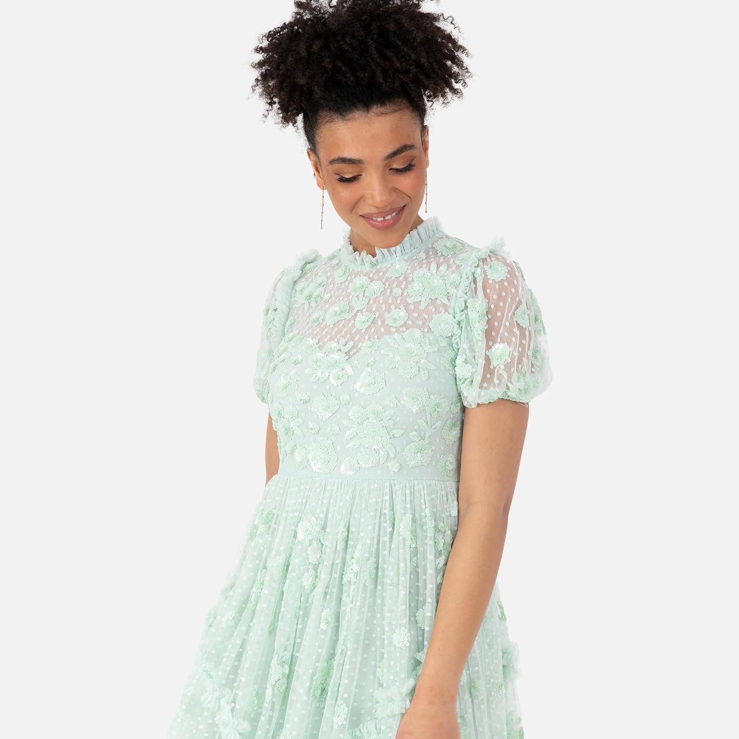 imageMaya Deluxe Womens Maxi Dress Ladies High Neck Puff Sleeve Sequin Embellished Ruffle Tulle Keyhole Back Empire ALine Bridesmaid Robe FemmeMint Green