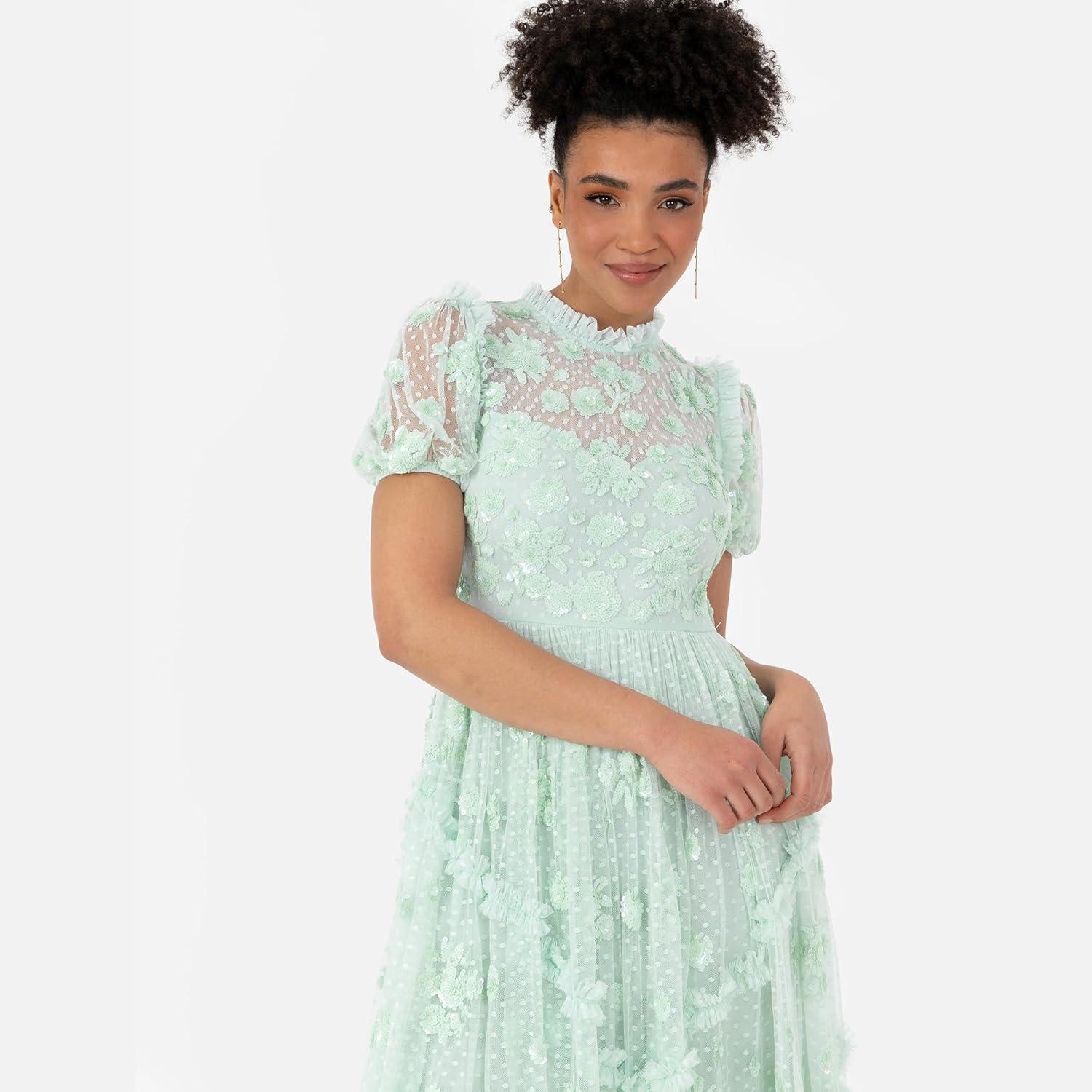imageMaya Deluxe Womens Maxi Dress Ladies High Neck Puff Sleeve Sequin Embellished Ruffle Tulle Keyhole Back Empire ALine Bridesmaid Robe FemmeMint Green