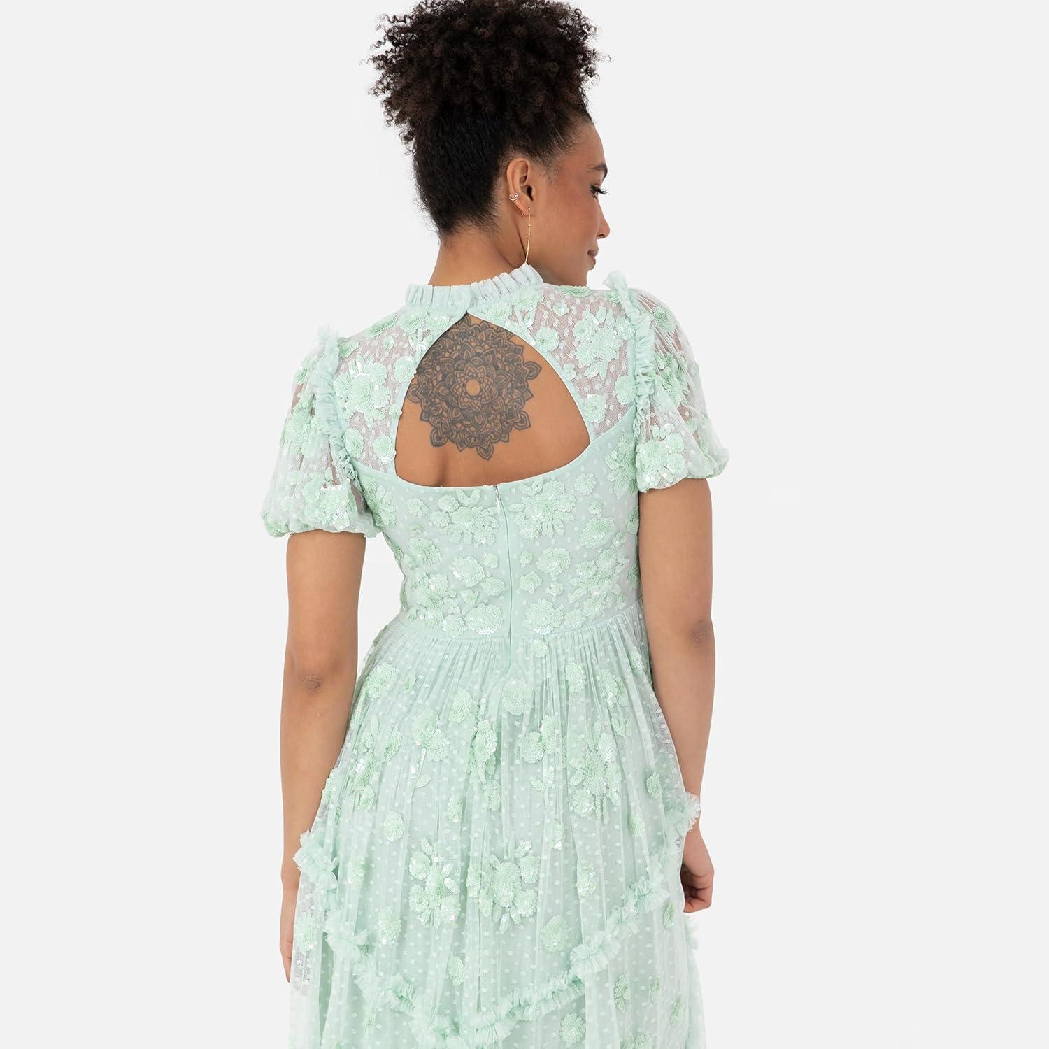 imageMaya Deluxe Womens Maxi Dress Ladies High Neck Puff Sleeve Sequin Embellished Ruffle Tulle Keyhole Back Empire ALine Bridesmaid Robe FemmeMint Green