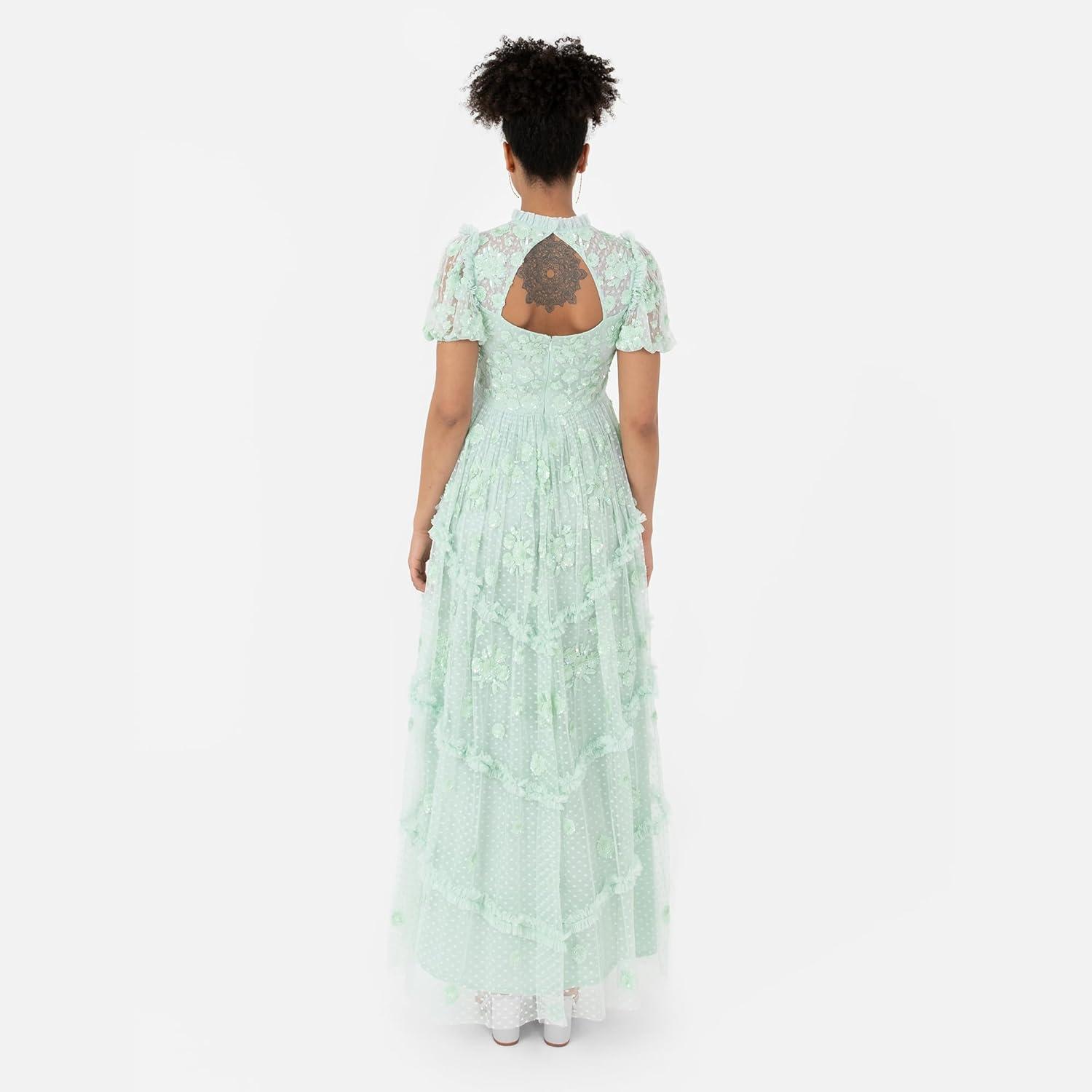 imageMaya Deluxe Womens Maxi Dress Ladies High Neck Puff Sleeve Sequin Embellished Ruffle Tulle Keyhole Back Empire ALine Bridesmaid Robe FemmeMint Green