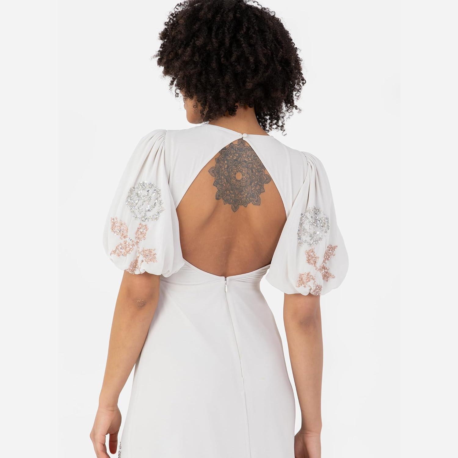 imageMaya Deluxe Womens Midi Dress Ladies Round Neck Short Puff Sleeve Sequin Embellished Floral Keyhole Back ALine Wedding Guest Robe FemmeGris