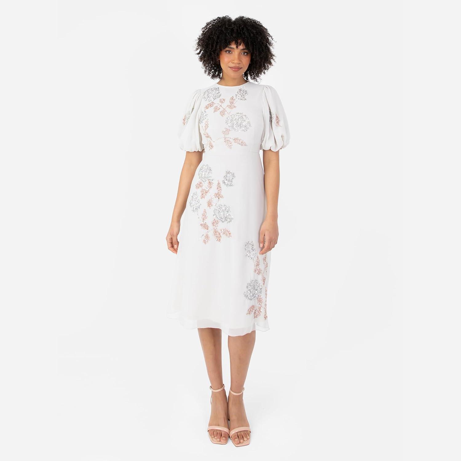 imageMaya Deluxe Womens Midi Dress Ladies Round Neck Short Puff Sleeve Sequin Embellished Floral Keyhole Back ALine Wedding Guest Robe FemmeGris