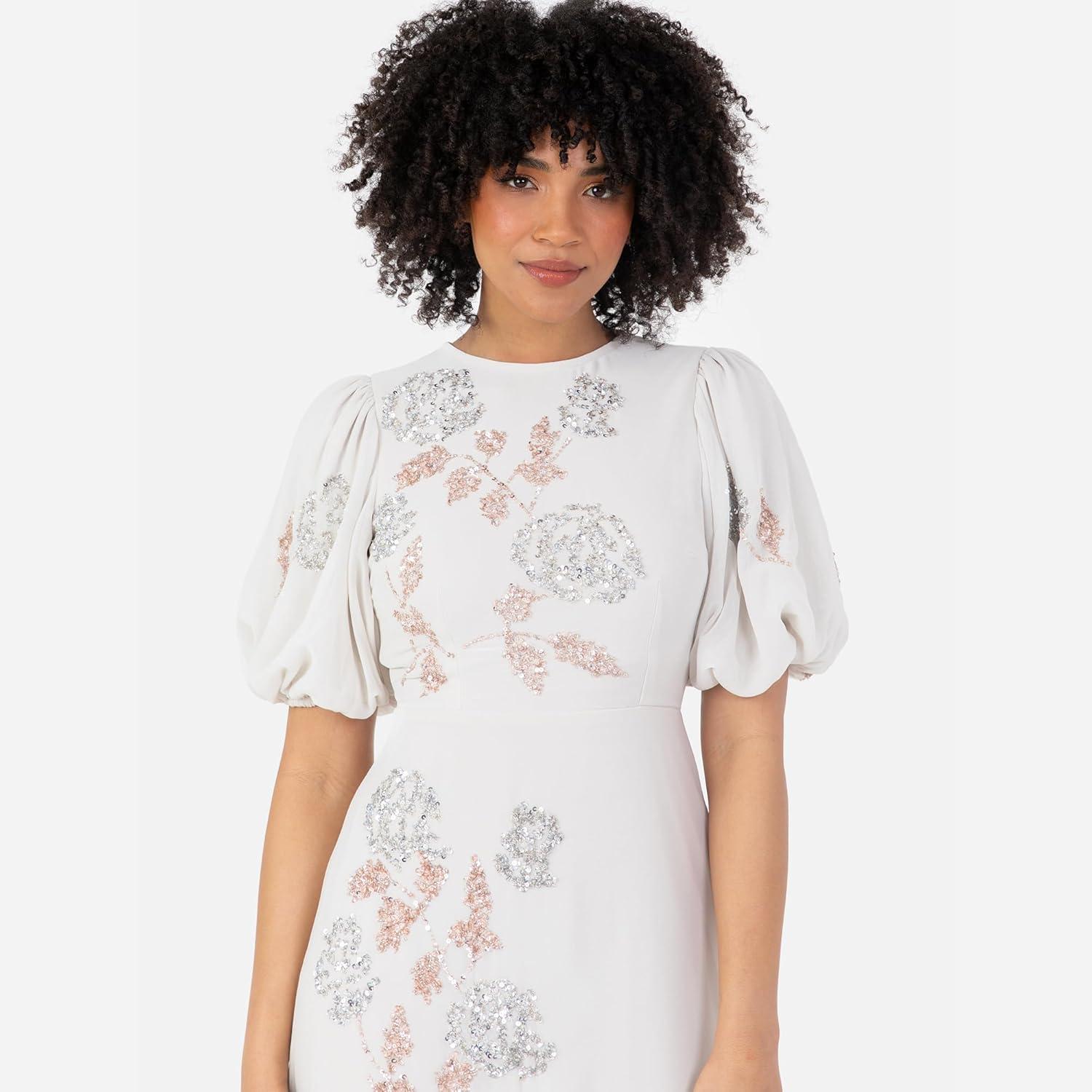 imageMaya Deluxe Womens Midi Dress Ladies Round Neck Short Puff Sleeve Sequin Embellished Floral Keyhole Back ALine Wedding Guest Robe FemmeGris