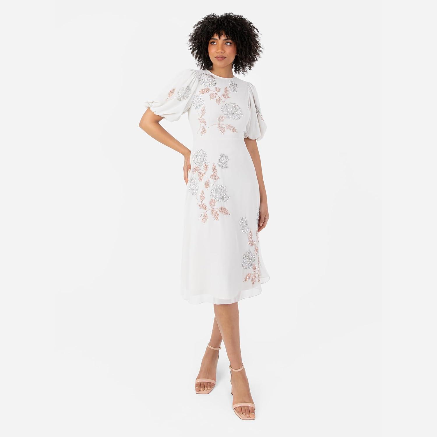 imageMaya Deluxe Womens Midi Dress Ladies Round Neck Short Puff Sleeve Sequin Embellished Floral Keyhole Back ALine Wedding Guest Robe FemmeGris