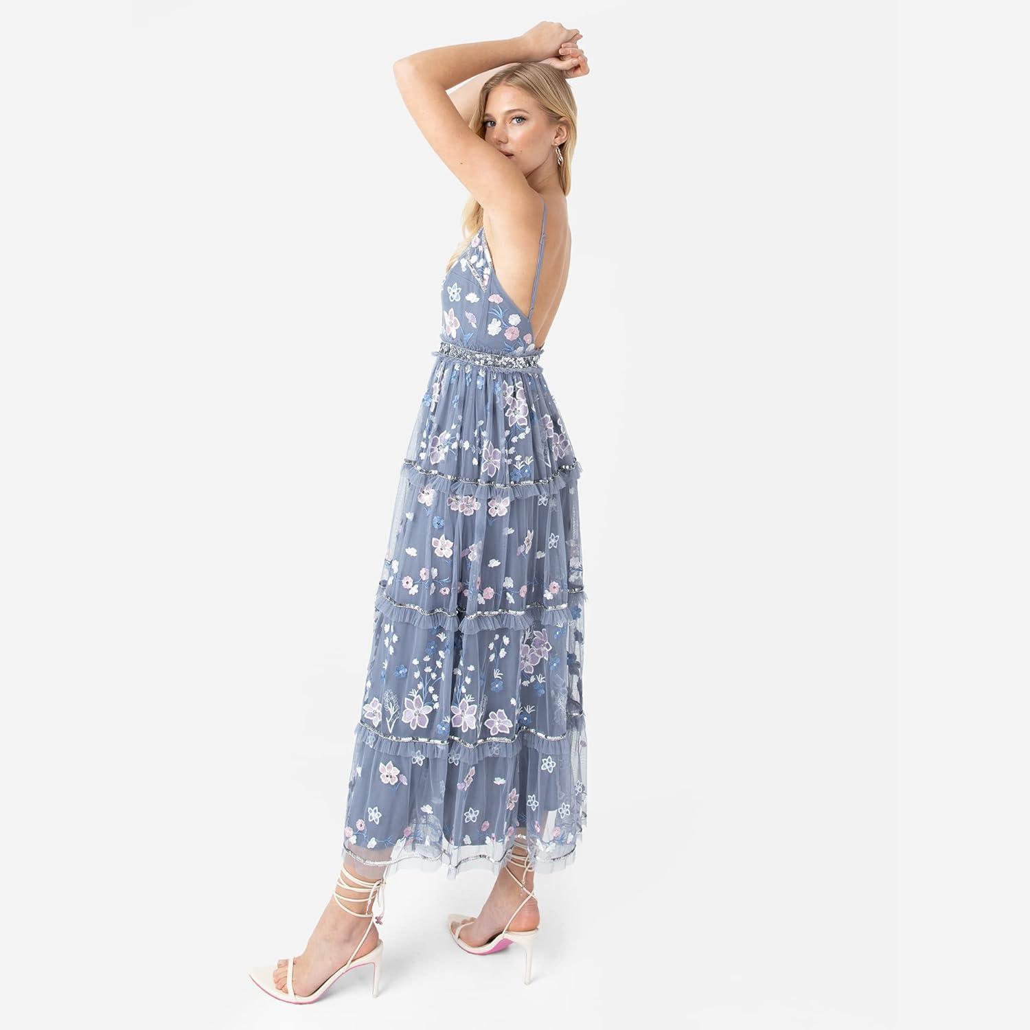 imageMaya Deluxe Womens Midi Ladies Embroidered Floral Ruffle Sleeveless V Neck Dress for Wedding Guest Bridesmaid Prom Evening Robe FemmeDusty Blue