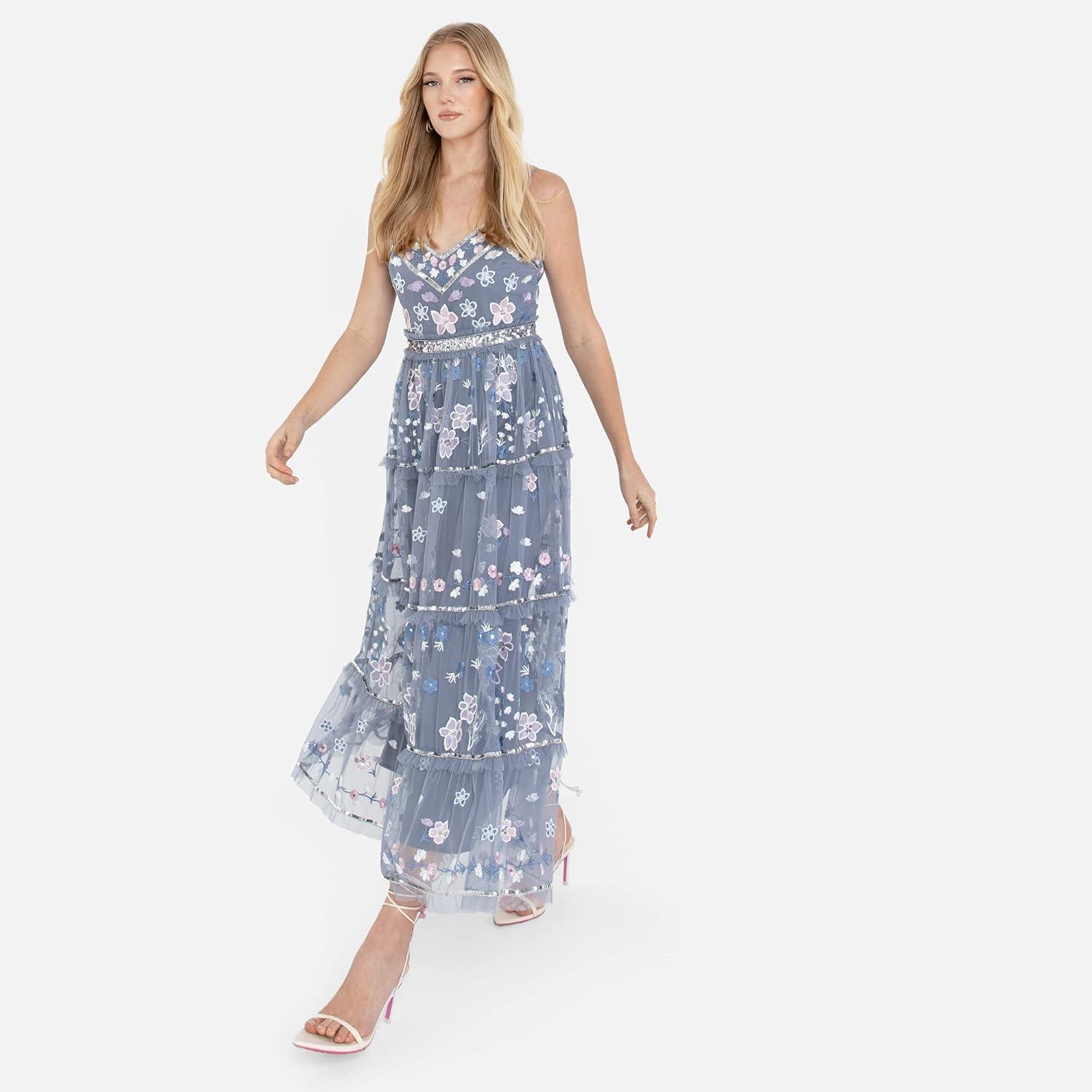 imageMaya Deluxe Womens Midi Ladies Embroidered Floral Ruffle Sleeveless V Neck Dress for Wedding Guest Bridesmaid Prom Evening Robe FemmeDusty Blue