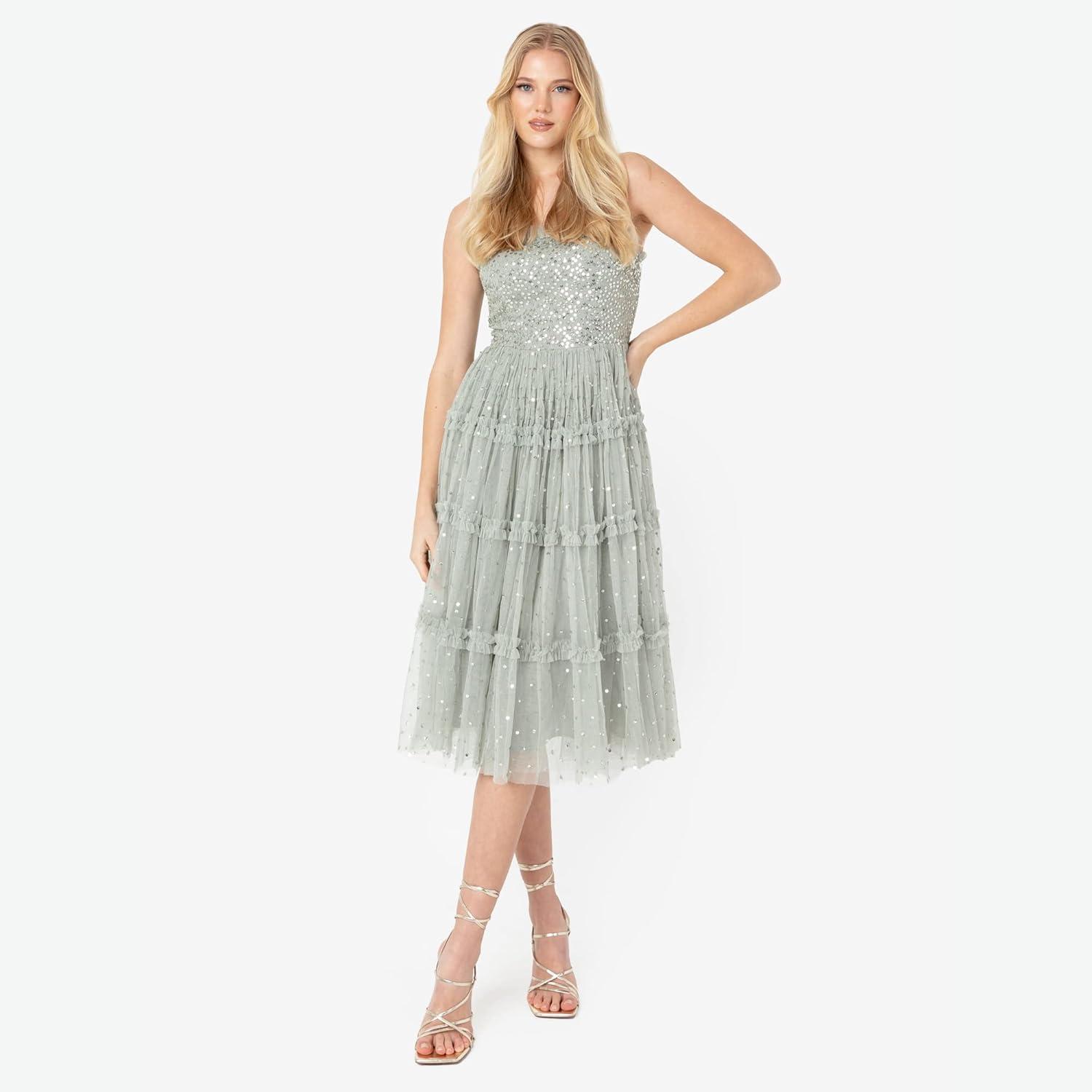 imageMaya Deluxe Womens Midi Ladies Sequin Embellished Sleeveless Ruffle Dress for Wedding Guest Bridesmaid Prom Evening Occasion Robe FemmeGreen Lily