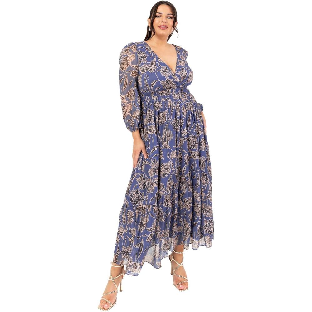 imageLovedrobe Robe Longue pour Femme  Manches Longues  Col en V  Imprim Animal Floral  Dos Nu  Taille lastique  Bleu  36 Bleu 38