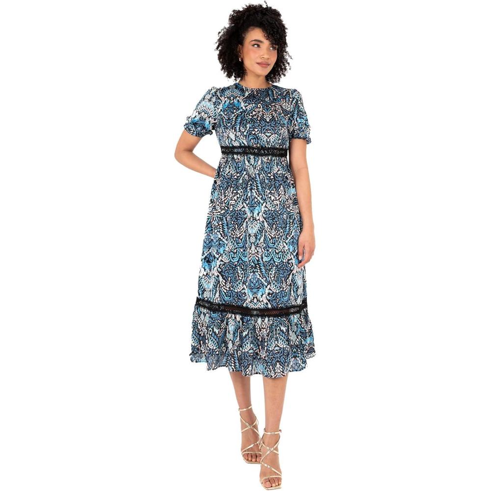 imageLovedrobe Robe Midi pour Femme Col Rond Manches Bouffantes Ourlet Imprim Animal Ligne A Occasion Dcontracte Robe Femme Lot de 1Bleu