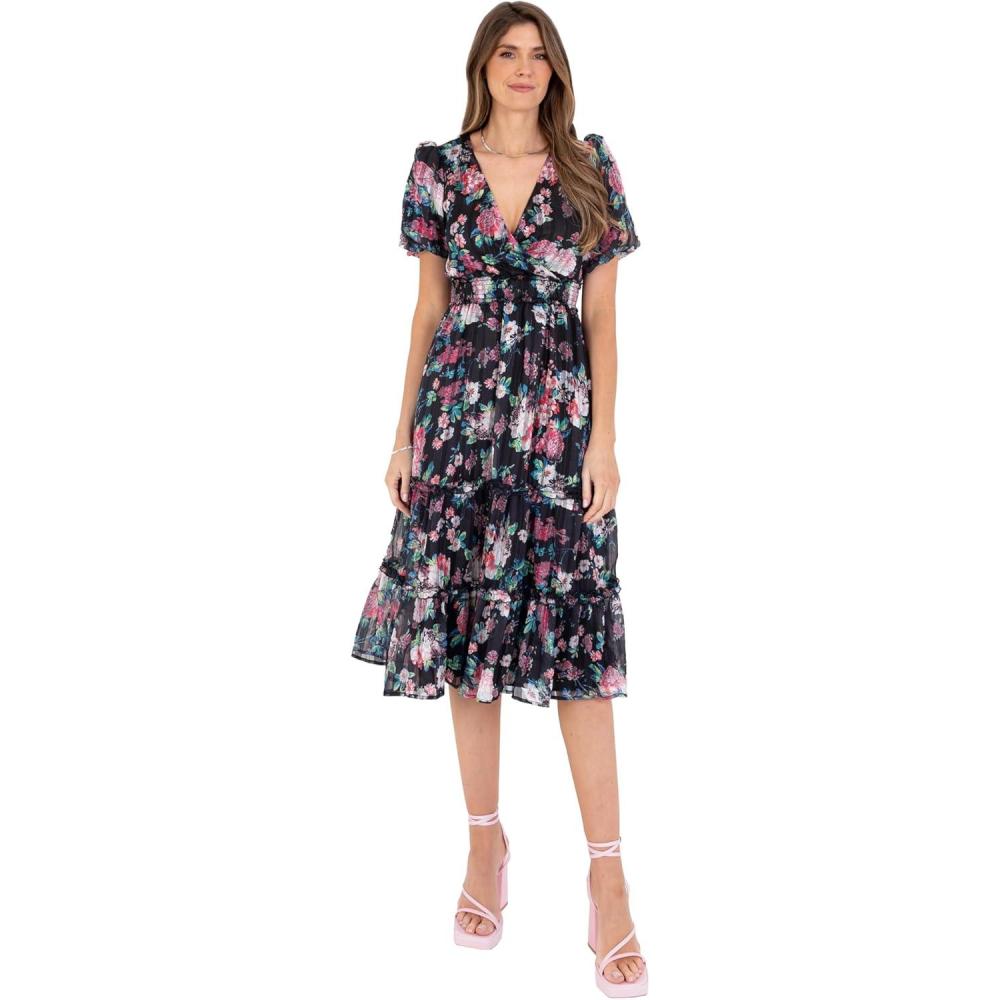 imageLovedrobe Robe Midi pour Femme Col en V Manches Courtes Bouffantes Taille Fronce Imprim Floral Coupe Ajuste et vase pour Invites de Mariage Robe Femme Lot de 1Noir