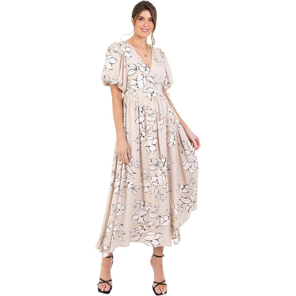 imageLovedrobe Womens Ladies Maxi Dress Short Puff Sleeves VNeckline Wrap Waist Tie ALine Evening Occasion Floral Print Summer Robe Femme Lot de 1Stone
