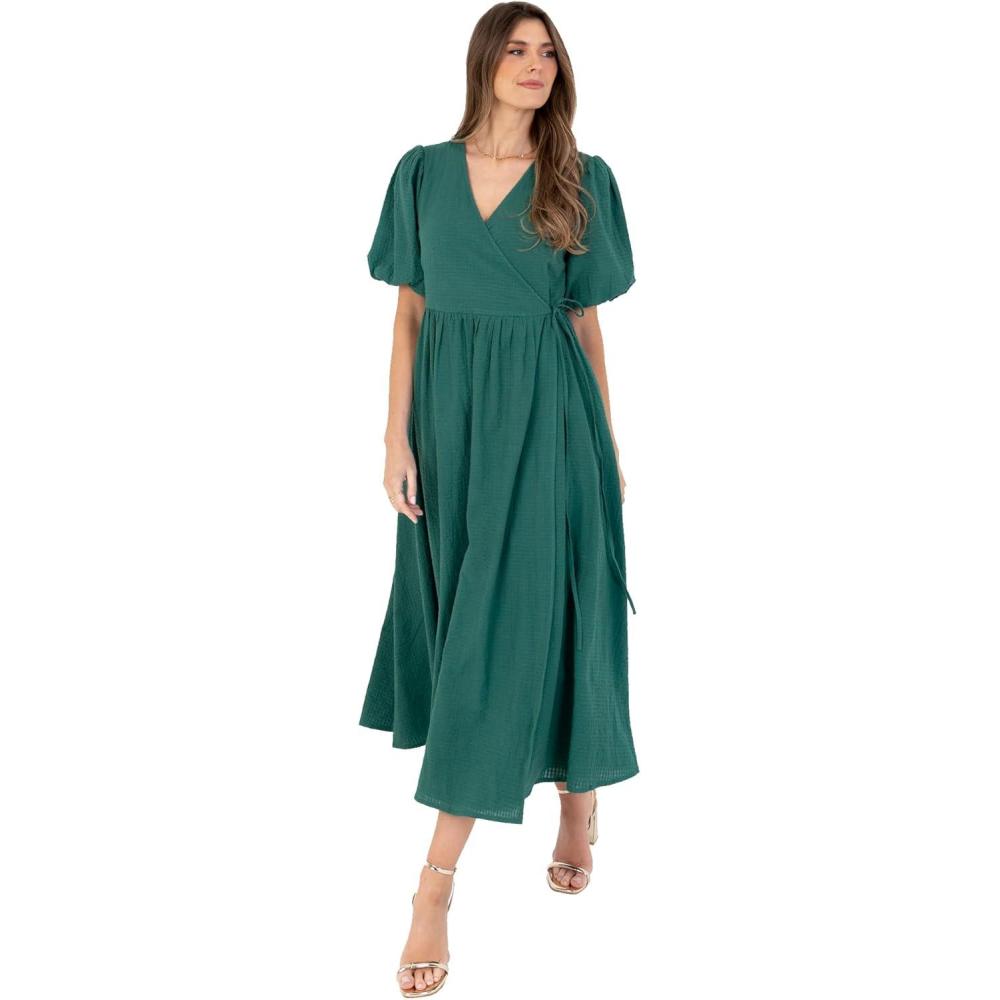 imageLovedrobe Womens Ladies Maxi Dress Short Puff Sleeves VNeckline Wrap Waist Tie ALine Evening Occasion Floral Print Summer Robe Femme Lot de 1Vert