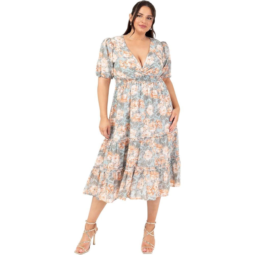 imageLovedrobe Womens Ladies Midi Dress VNeck Short Puff Sleeve Wrap Shirred Waist Floral Print Ruffle Fit and Flare Wedding Guest FemmeApricot
