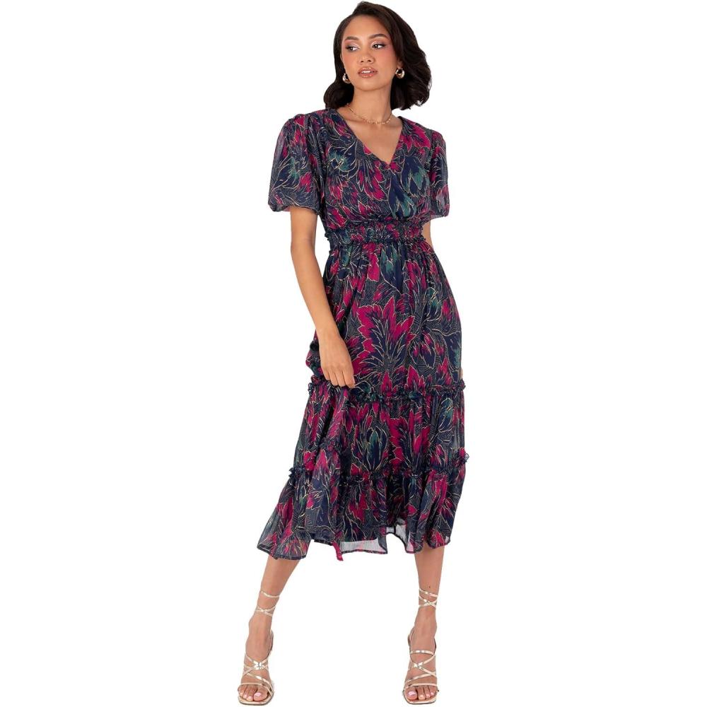 imageLovedrobe Womens Ladies Midi Dress VNeck Short Puff Sleeve Wrap Shirred Waist Floral Print Ruffle Fit and Flare Wedding Guest FemmeNavy Blue