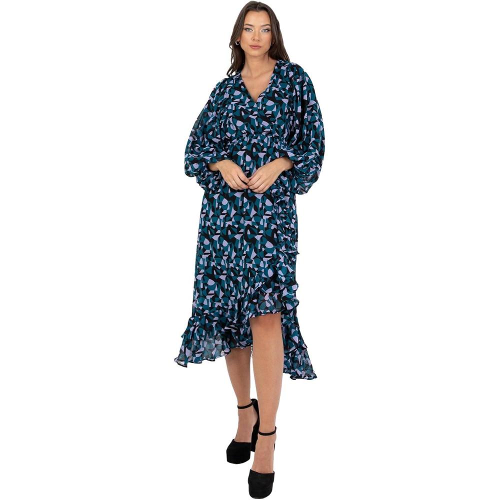 imageLovedrobe Womens Midaxi Dress Ladies Long Balloon Sleeve VNeck Faux Wrap Ruffle Frilly for Wedding Guest Party Occasion Casual Robe Femme Lot de 1Bleu