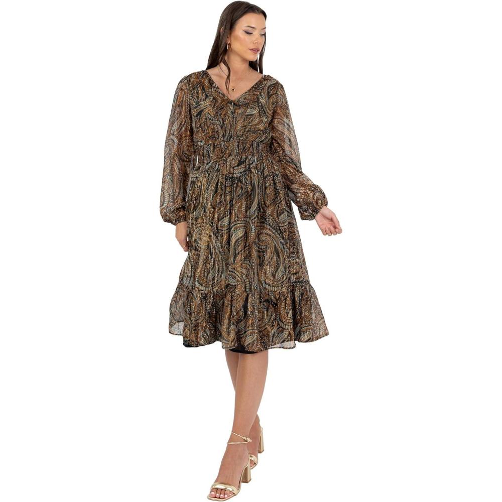 imageLovedrobe Womens Midi Dress Ladies VNeck Long Balloon Sleeve Boho Paisley Floral Print Shirred Waist ALine Smart Casual Robe