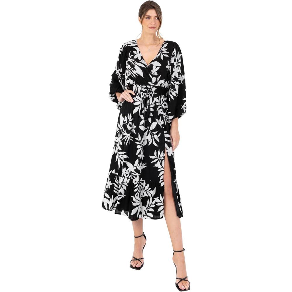 imageLovedrobe Womens Midi Dress Ladies VNeck Long Balloon Sleeve FauxWrap Thigh Split Shirred Waist Tassel Belt ALine Smart CasualMonochrome