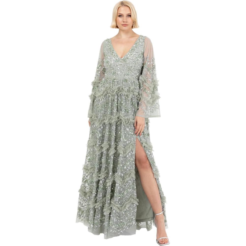imageMaya Deluxe Ladies Womens Maxi Dress V Neckline Sequin with Ruffle Empire Waist Slit Split for Prom Ball Bridesmaid Wedding Guest Robe FemmeGreen Lily