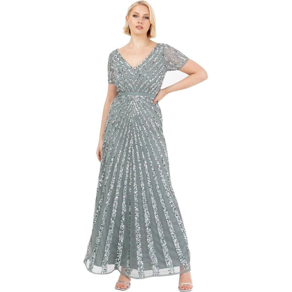 imageMaya Deluxe Pailletten Maxi Abendkleid Elegant Fr Hochzeit VAusschnitt Alinienschnitt Brautjungfernkleid Robe de Demoiselle dhonneur FemmeMisty Green