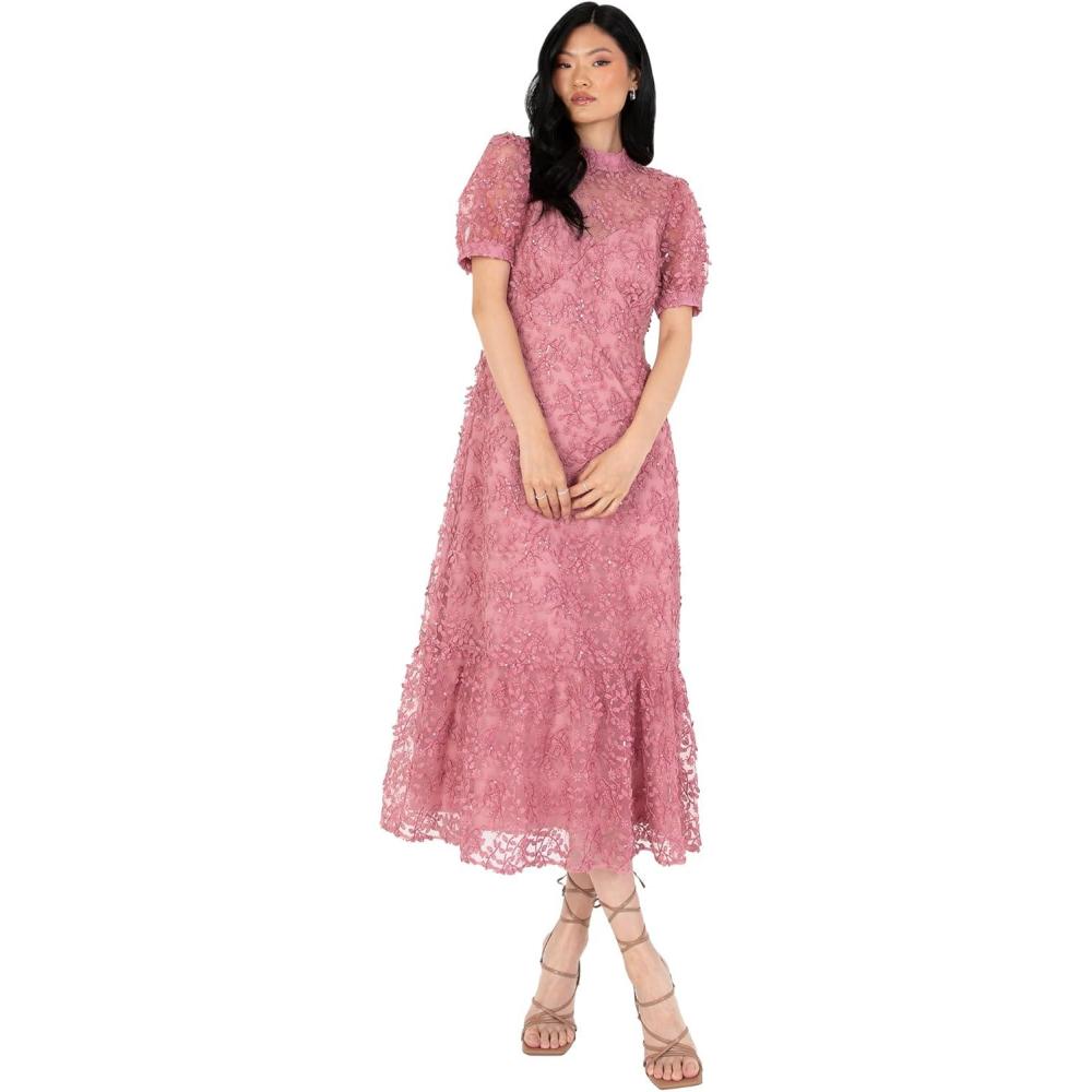 imageMaya Deluxe Womens Embroidered Dress for Ladies Sequin Embellished Midaxi Floral High Neck Wedding Guest Ball Evening Cocktail Robe Femme Pink