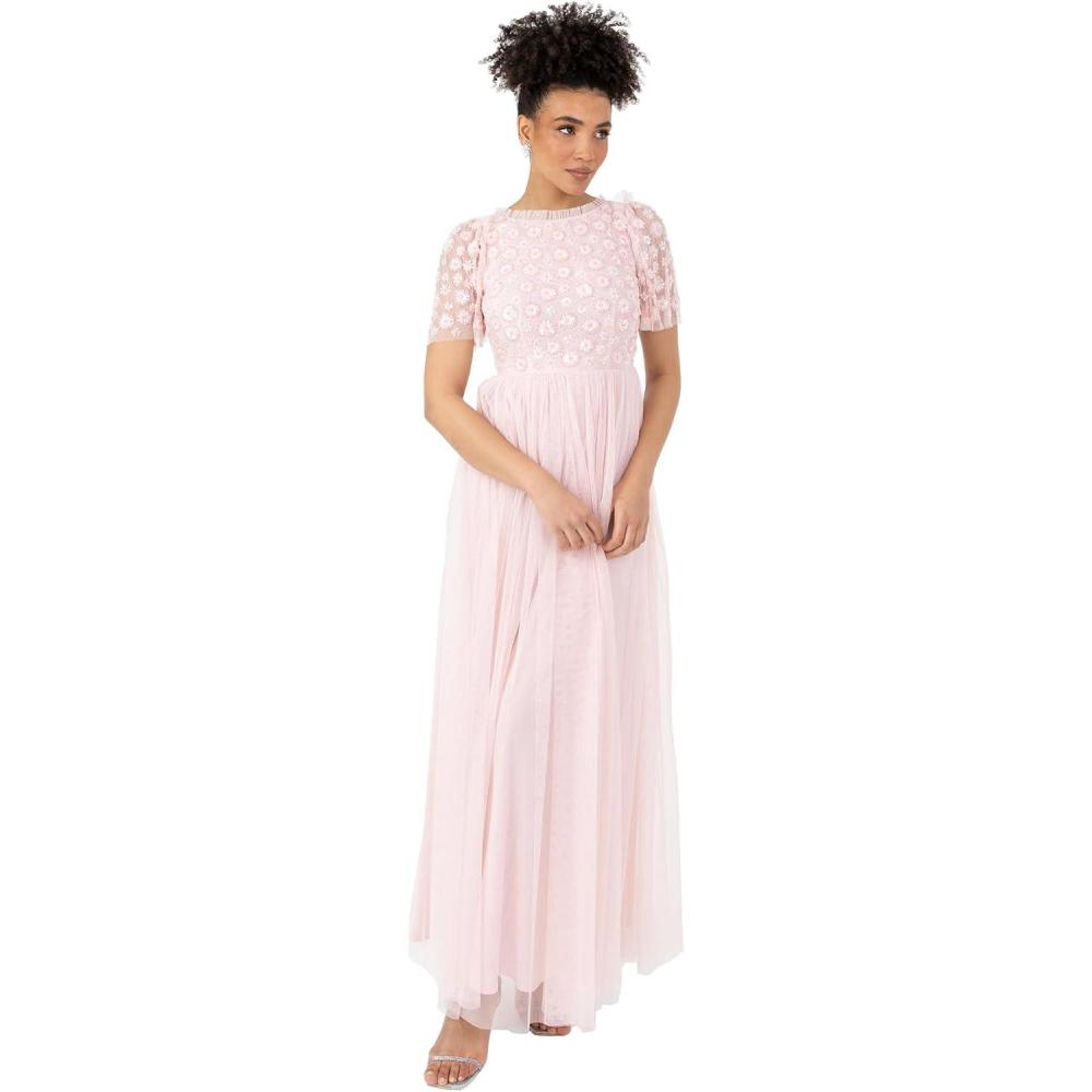 imageMaya Deluxe Womens Ladies Maxi Dress Round Neck Short Sleeve 3D Floral Embellished Tulle Ruffle ALine Bridesmaid Wedding Guest Robe Femme Lot de 1Crystal Pink