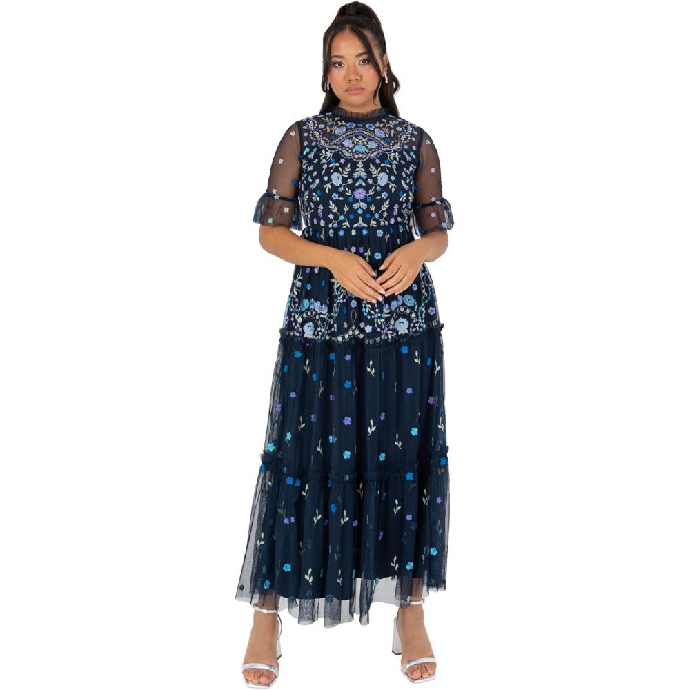 imageMaya Deluxe Womens Ladies Midaxi Dress High Neckline Embroidered Tulle Empire ALine for Evening Occasion Prom Ball Gown FemmeNavy Blue