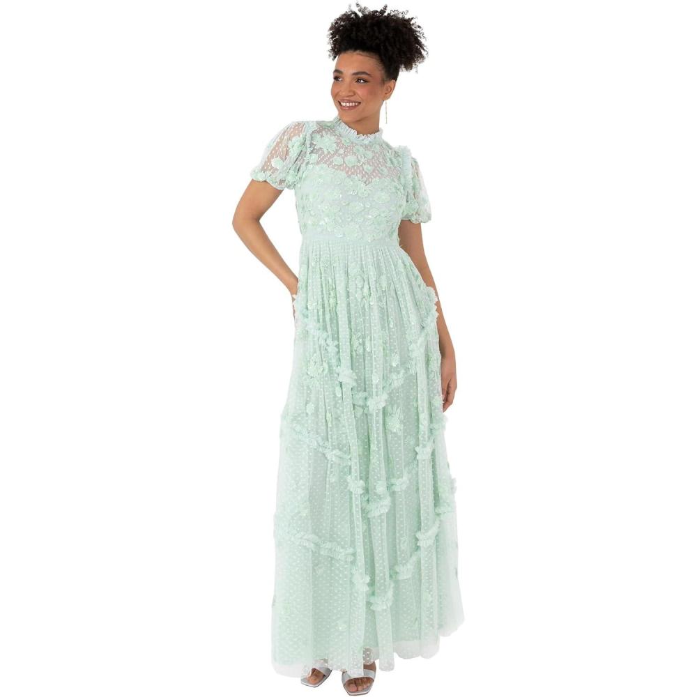 imageMaya Deluxe Womens Maxi Dress Ladies High Neck Puff Sleeve Sequin Embellished Ruffle Tulle Keyhole Back Empire ALine Bridesmaid Robe FemmeMint Green